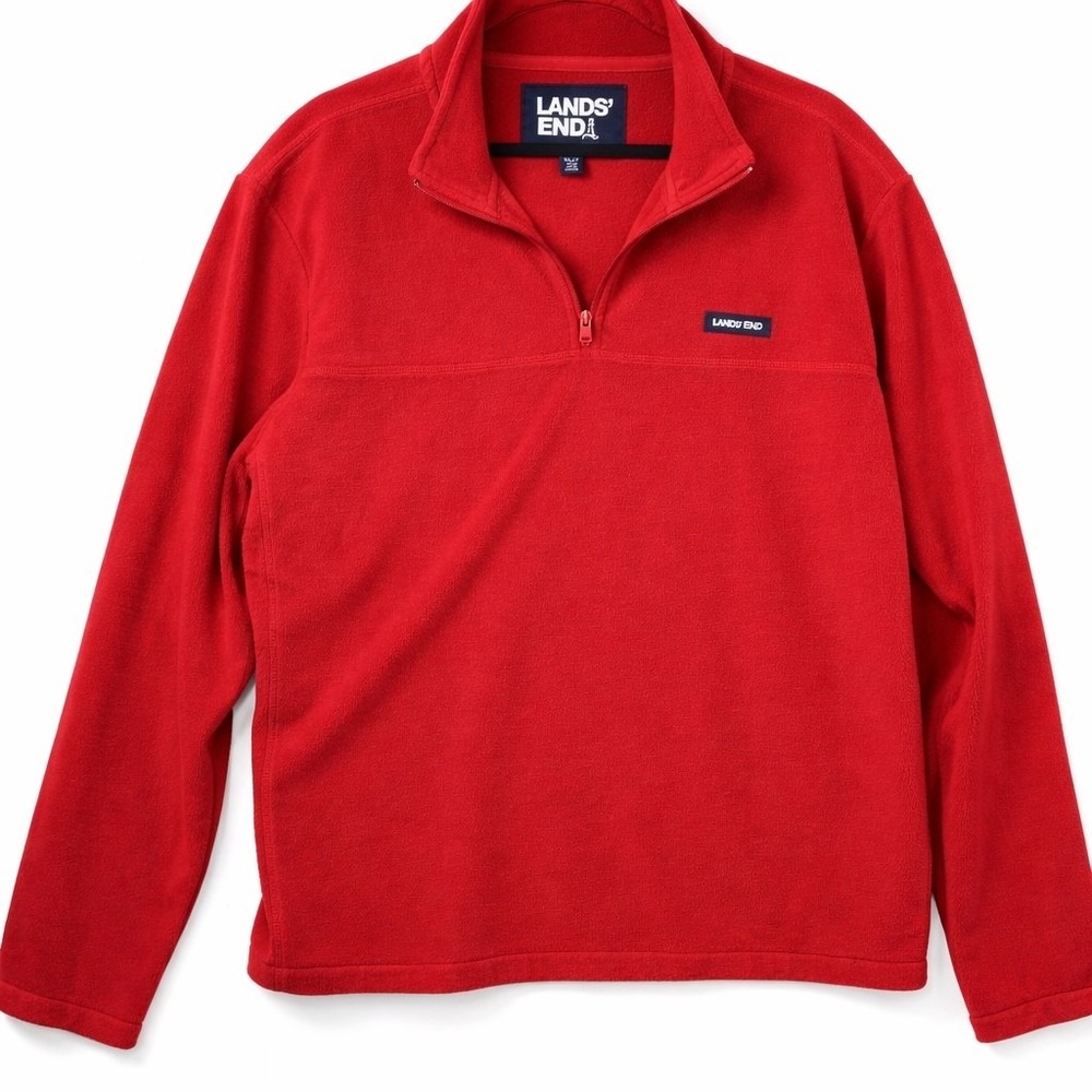 Lands End Mens Quarter Zip Fleece Pullover Red Mock Neck Jacket Size XL